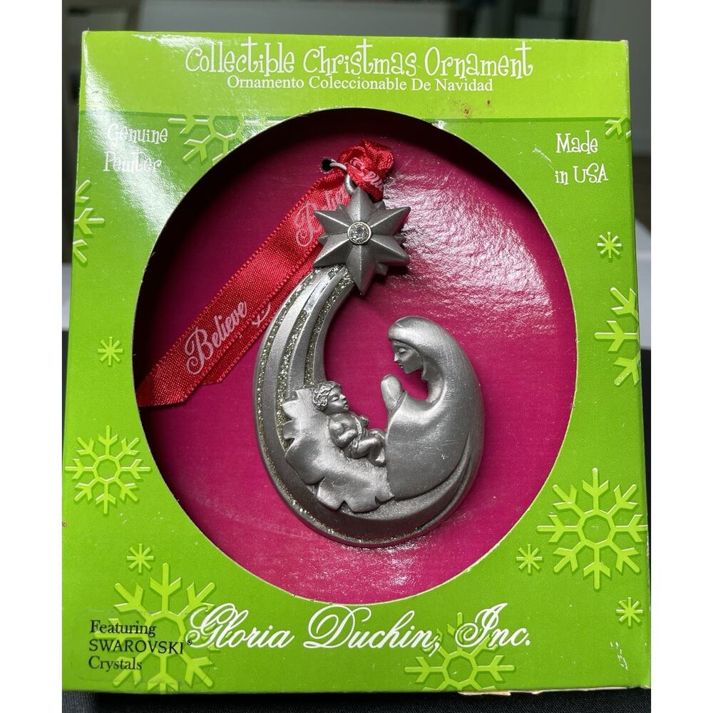 Vintage 2003 Madonna Mother Child Moon Pewter Swarovski Duchin Ornament in Box